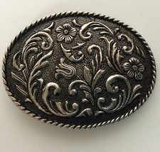Vintage Ornate Metal Belt Buckle With Flower Silver-Toned Ivan Brand