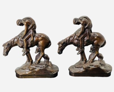 Vintage  Bronzed  Cast Metal Bookends 7.5  End Of The Trail Heavy Felted Bottom