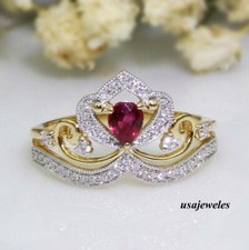 14K 2-Tone Gold Over 1.45CT Pear Shape Real Red Ruby Women's Crown Jewelry Ring