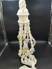 Vintage White Macram  Plant Hanger w/Pastel Wood Beads  Four Ceramic Bear Bead