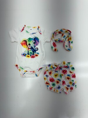 Shein White Rainbow Elephant 3 Piece Baby Outfit Size 3-6 months
