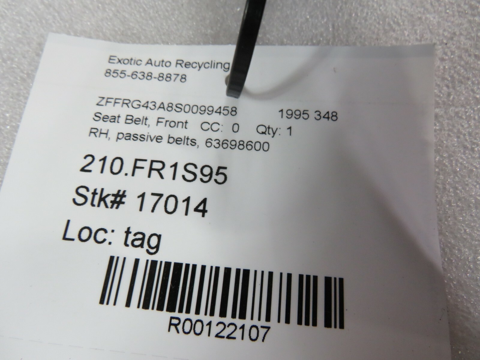 Ferrari 348, RH, Right Passive Seat Belt, Broken, Used, P/N 63698600
