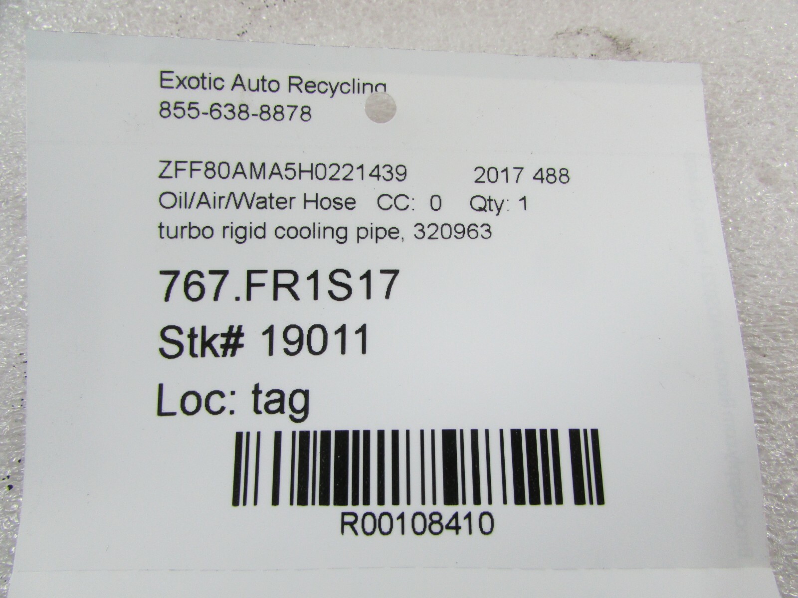 Ferrari 488, Rigid Turbo Cooling Pipe, Used, P/N 320963