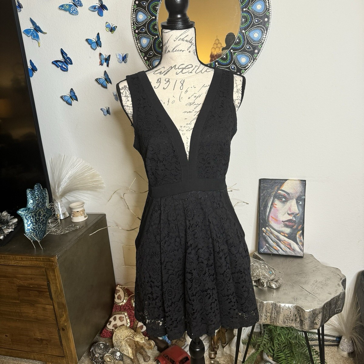 chinese dress ladies Free People Red Floral Mini Dress with Lace Trim, Open Back and Balloo   The Thrifty Hippy