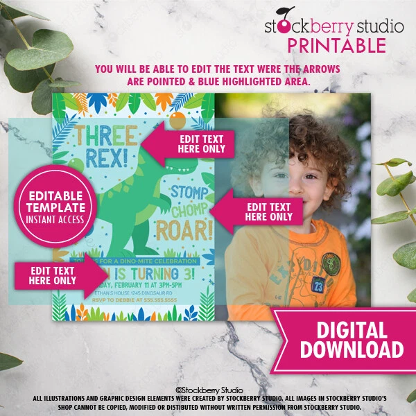 Invitación Foto Cumpleaños Dinosaurio Trex Dino Tres Rex Invitación Impresa T Rex 3 Foto 4 de 4