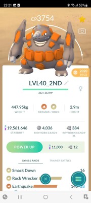 PVP BEAST!   LVL40 REGULAR RHYPERIOR w/2ND MOVE!!!   - PKMN GO - NOT REGISTERED