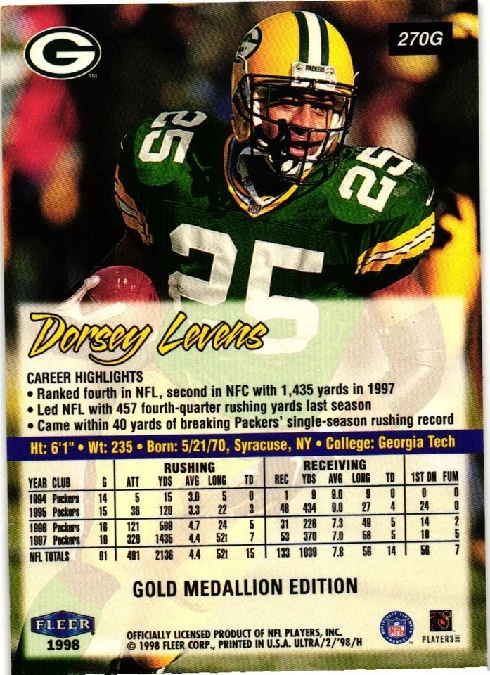 DORSEY LEVENS 1998 FLEER ULTRA GOLD MEDALLION #270G GREEN BAY PACKERS SP - Image 2 of 2