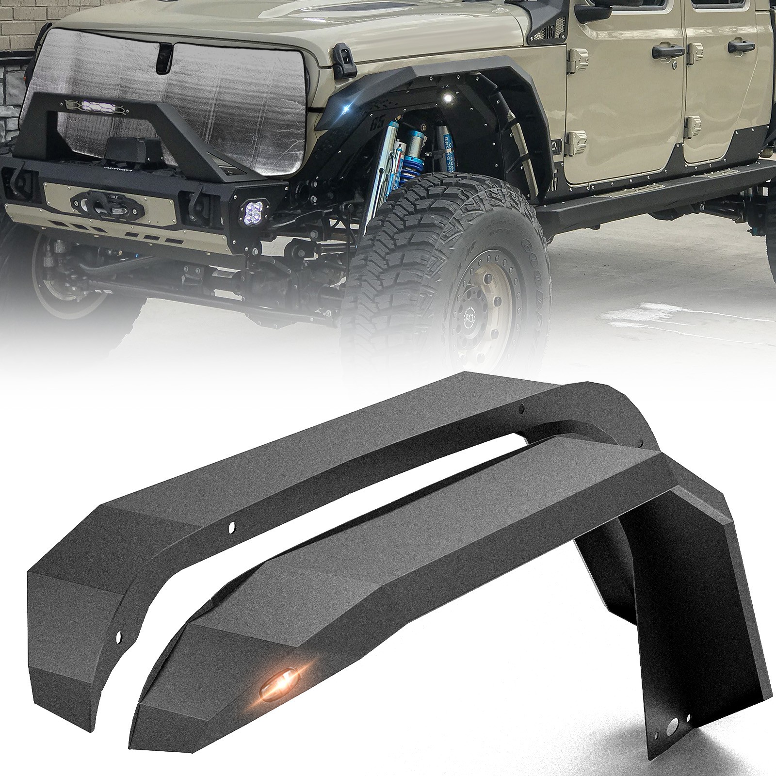 2× Heavy-Duty Steel Flat Front Fender Flares Kit For 2020-2026 Jeep Gladiator JT