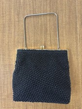 Vintage Encore Black Glass Beaded Evening Clutch Purse Gold Frame Chain Made
