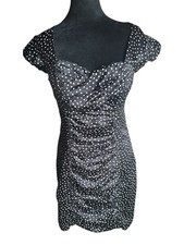 Y2K Guess Jeans Ruched Sweetheart Fitted Dress Black White Polkadot Size 8