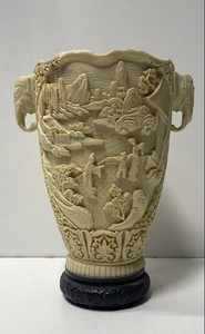 Italian Vase Asian Style Elephant Handle Collectible Relief Scene Marked