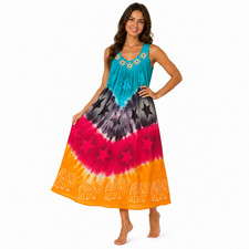 Women's Boho Tie Dye Dress One Size Fit All Colorful Beach Maxi Summer Sundress