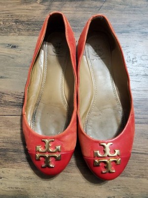 Tory Burch Everly Ballet Flat 5.5 Brilliant Red Nappa Lether Patent Gold 