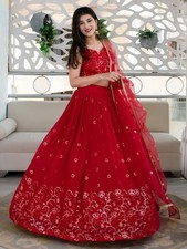 Latest Designer Georgette Lehenga Choli With Red Dupatta For Indian Wedding