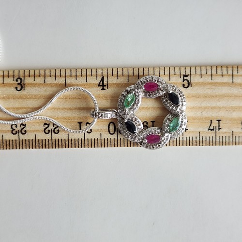Sterling Silver Wreath Pendant w/ 0.8 CTW Diamonds, Ruby, Sapphire & Emerald - Picture 8 of 12