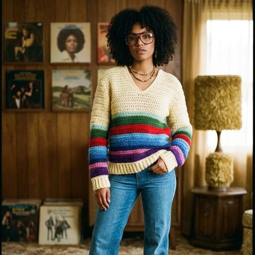 Handmade V-Neck Sweater - Oversized Size Large/XL Grandmacore dopamine retro