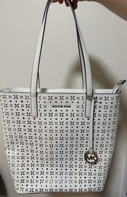 Michael Kors White Perforated Large Tote Bag MK Logo Charm Double Handles