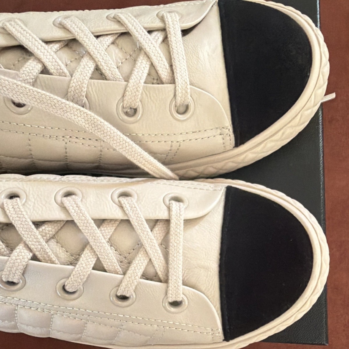 CHANEL Quilted Low Top Lace-Up Leather Sneakers Beige/Black Toe Cap View 6