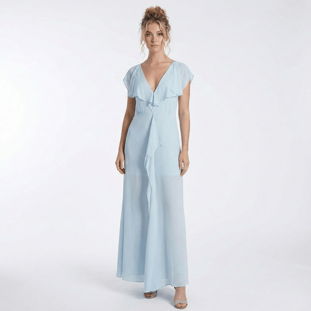 BCBGMAXAZRIA Pale Blue Evette Ruffle Chiffon Gown 6 NWT Formal Wedding Dress