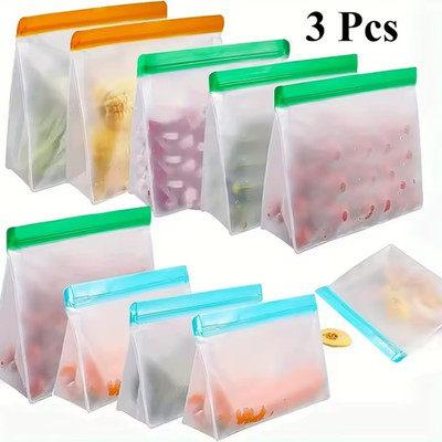 3 different size reusable silicone food storage bags, leak-proof freezer bags