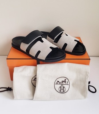HERMES HERMÈS CHYPRE TOILE PRUNOIR NOIR SANDALS HOMME MENS 41 USED