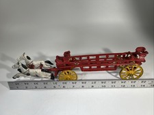 Vintage Cast Iron 2-Horse Drawn Hook Ladder Fire Truck Red/Yellow Wagon Signed
