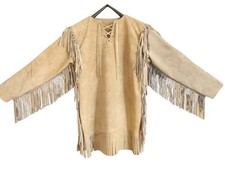 Old Style Rendezvous Western Tan Buckskin Hide Mountain Man Fringe War Shirt