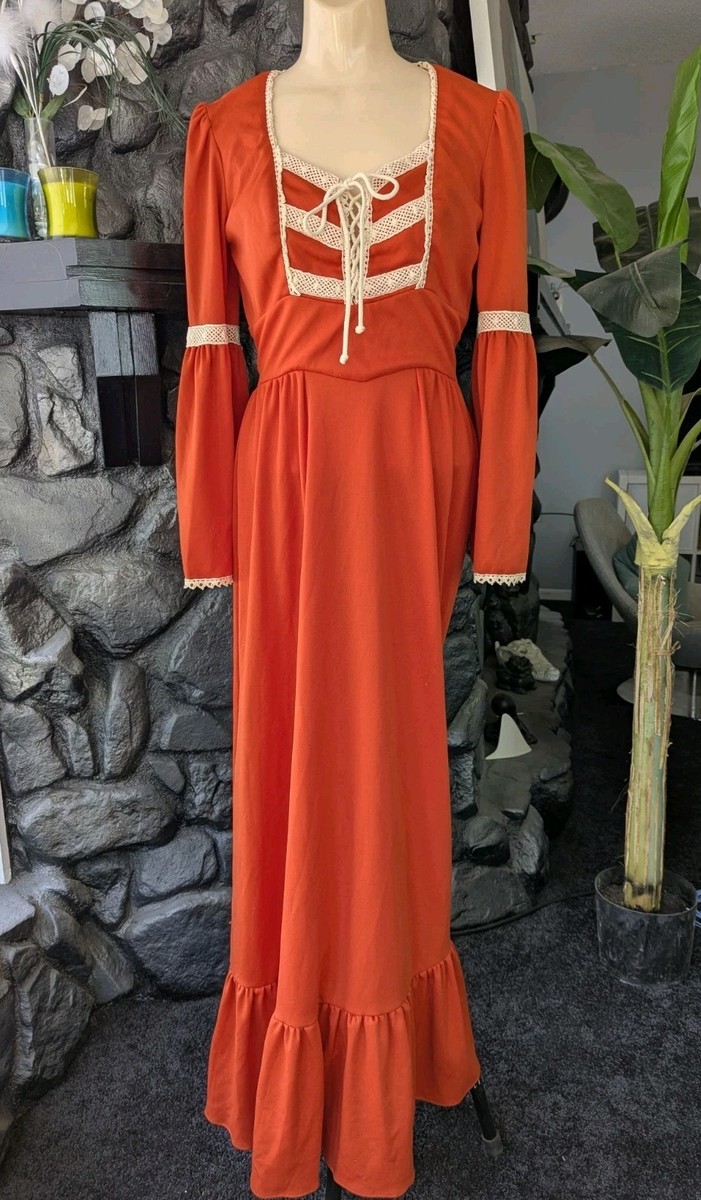 Vtg 70s Prairie Style Dress Orange Poly Boho Renaissance Festival Lace-up  Small