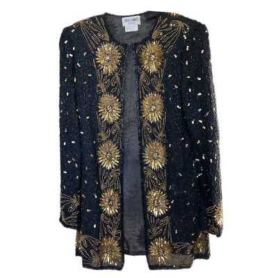 JA Brilliante Indian Silk sequin black jacket, Yellow Sunflower/Astrology Sun