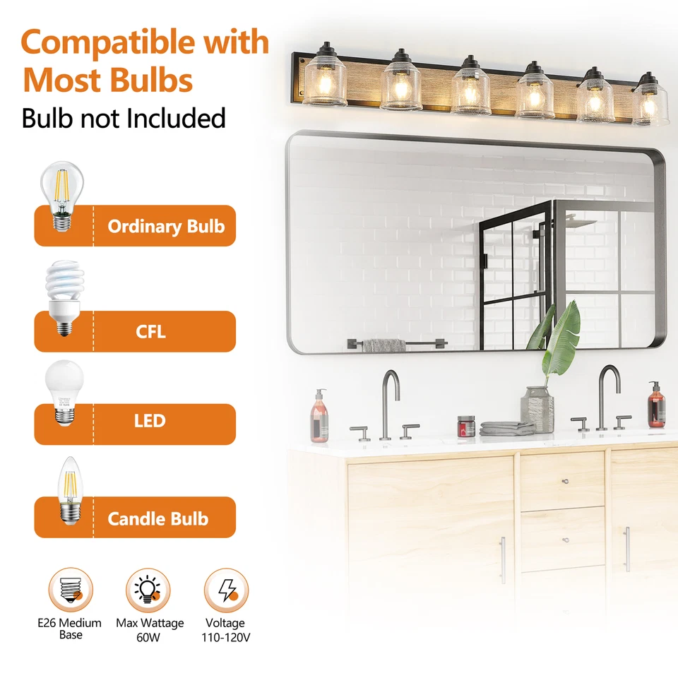 Luminária de parede 48 polegadas 6 luzes vaidade madeira bolha vidro banheiro espelho LED - Imagem 4 de 4