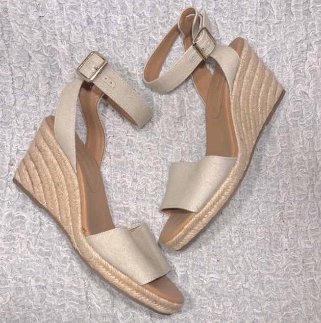 Crew Women’s 10 Beige Fabric Ankle Strap Espadrilles Sandals Wedge Heels