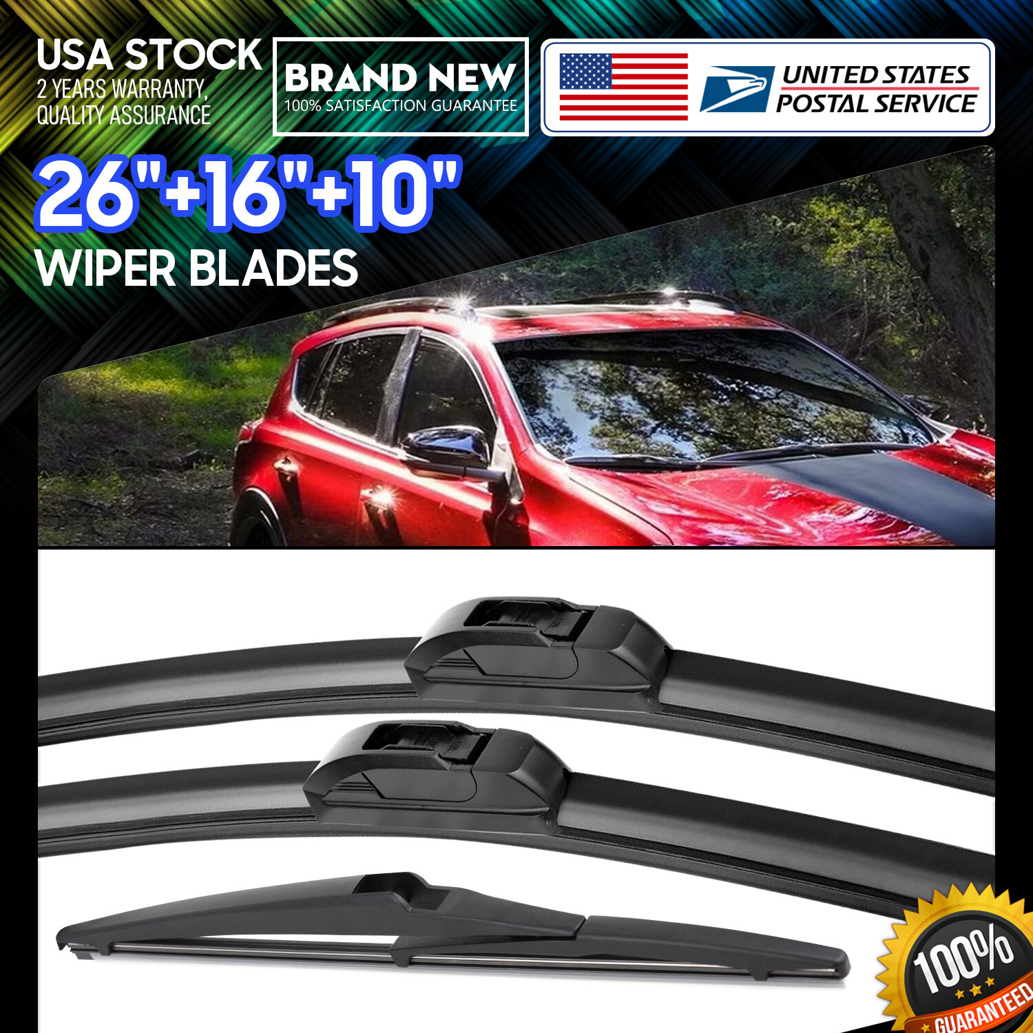 26''+16'' & Rear 10'' OEM Quality Windshield Wiper Blades One Pair All Season
