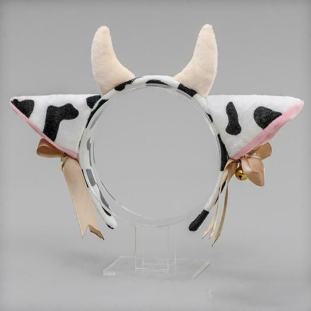 Plush Cow Ears Headband with Bells Ribbon Bow Anime Lolita Hair Hoop Cosplay #