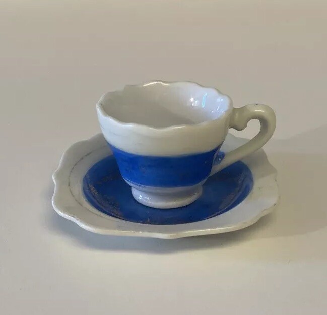 Vtg Made in Occupied Japan Small/Mini Royal Blue Gold Trim / White Cup & Saucer.
