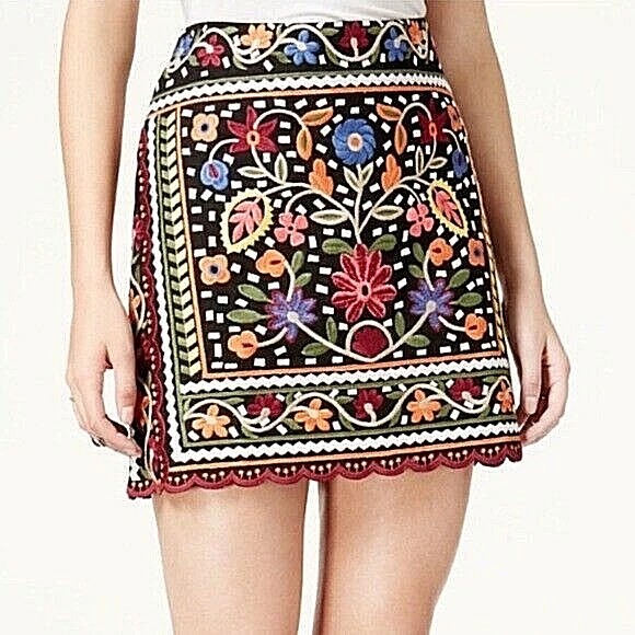 WOMENS Sz L FAIR CHILD EMBROIDERED MULTI-COLORED SCALLOPED HEM ZIP-UP MINI SKIRT