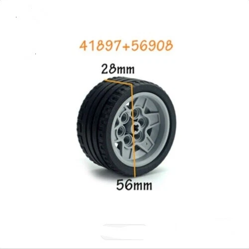 4 Technic Parts gray Wheel 43.2mm x 26mm Black Tire 56x28 ZR Street 41897 56908 - Image 2 of 3