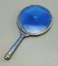 Art Deco Silver & Blue Enamelled Miniature Mirror London c1920 FEZX