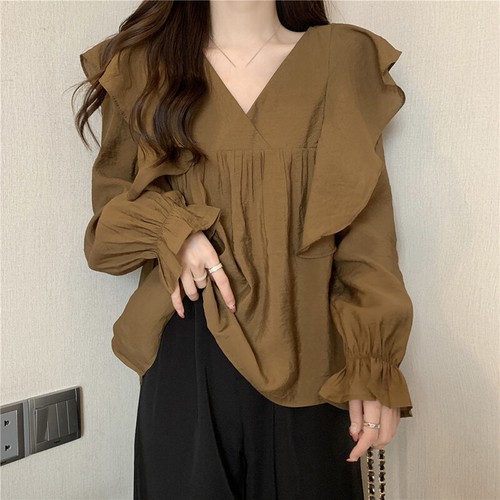 Ladies Chiffon Top Shirt Blouse Puff Long Sleeve Ruffle V Neck Solid Loose Retro - Picture 1 of 15