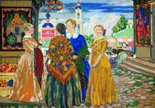 Oil painting Boris-Mikhailovich-Kustodiev-Merchants-Wives cityscape man woman