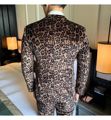 Mens Leopard Print Suit Velvet Wedding Dinner Formal Prom Dress Suits 3 Pieces - Picture 4 of 8