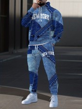 Men's 2pcs Denim-Style Hoodie  Joggers Set - Oversized Jeans Suit with USA Lett