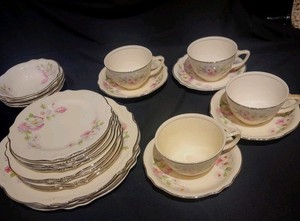 24 Pc Homer Laughlin FLUFFY VIRGINIA ROSE 4 Pc Place Setting ~ Platinum Trim