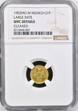 1902MO M MEXICO G1P LARGE DATE┃GOLD 1 PESO NGC UNC DETAILS CLEANED