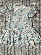 Vintage 80s Girls 3 Toddler Bryan Dress Blue Floral Lace Puff Sleeve USA