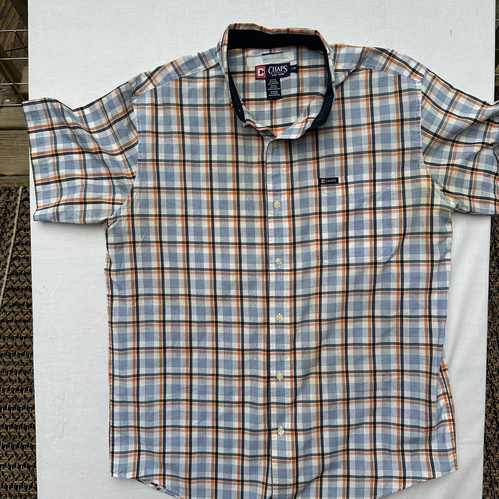 Chaps Button Down Shirt Men's Size L Orange Blue Plaid Short Sleeve Easy Care