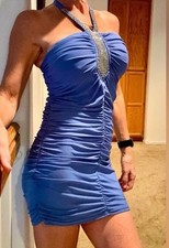 Sexy blue rhinestones ruched Party Cocktail Clubbing Evening Dress Medium