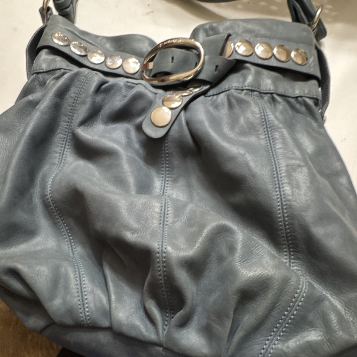 Blue Women's Shoulder Bag with Studded Buckle Accent, Silver