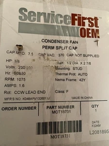 TRANE MOT18731 Condenser Fan Motor 1/4HP 200/230V 1075RPM
