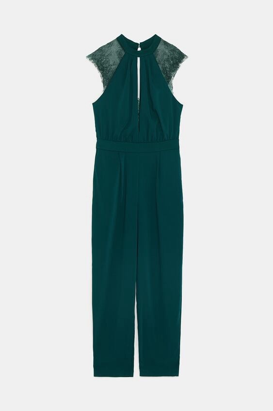 Zara Hunter Green Contrast Lace Jumpsuit Keyhole Sleeveless Long Pant Size M