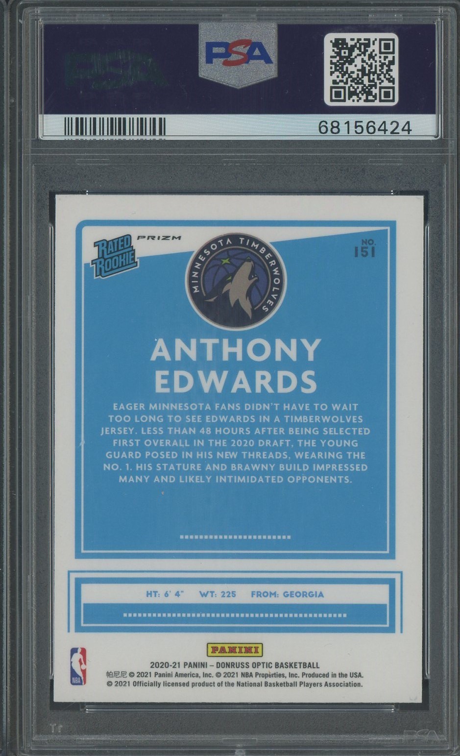 2020-21 Donruss Optic Blue Velocity #151 Anthony Edwards RC Rated Rookie PSA 10 view 2